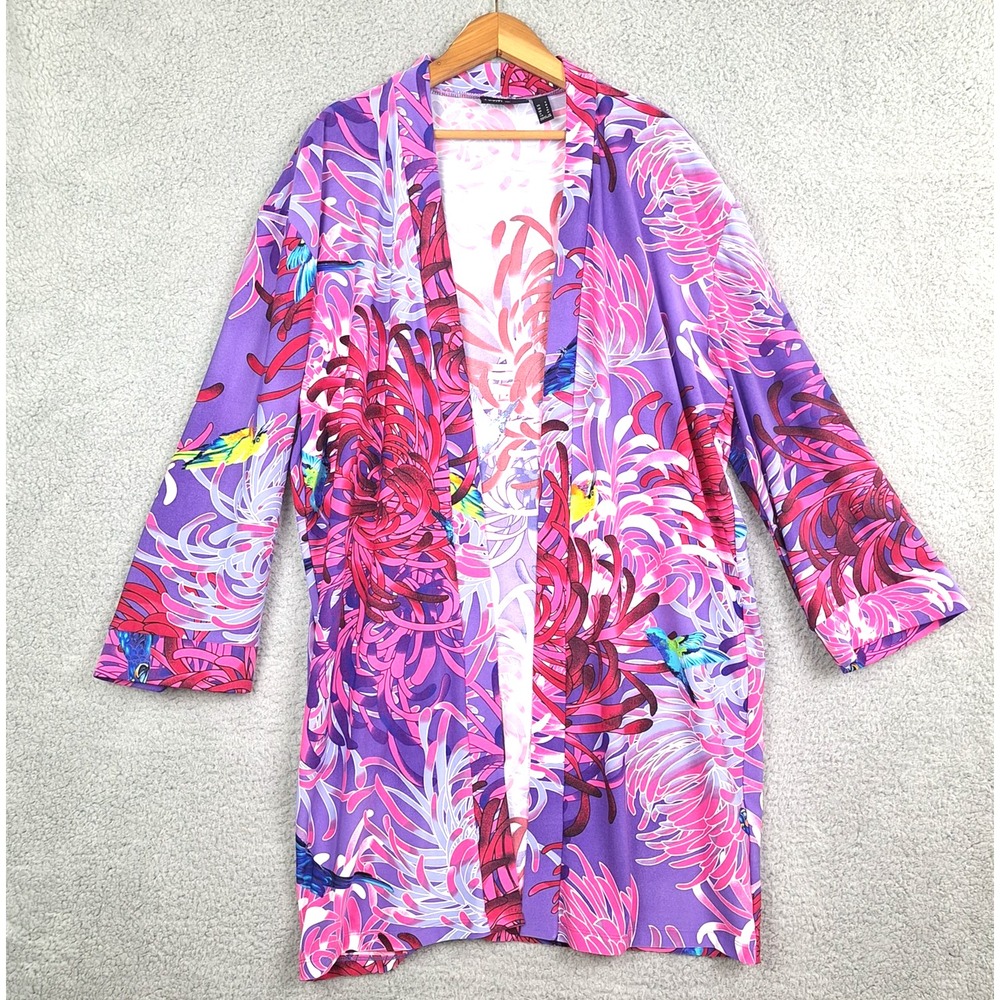 Attitudes by Renee Kimono Duster Womens Small Purple Pink Floral Print Birds‎
